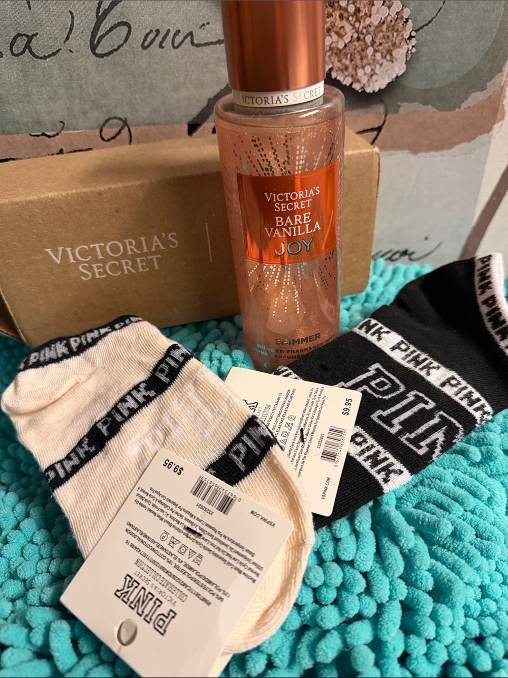 Victoria's Secret Bare Vanilla Joy Shimmer Mist & 2 pair VS socks